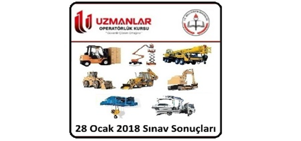 28 Ocak 2018 İş Makinası, Forklift, Mobil Vinç, Tavan Vinci, Platform, Beko Loder, Ekskavatör, Loder, Oto Kurtarıcı Operatörlük Belgesi Operatörlük Sınav Sonuçları