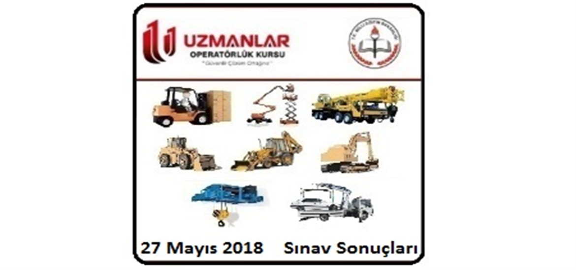 27 Mayıs 2018 İş Makinası, Forklift, Tavan Vinci, Mobil Vinç, Kule Vinç, Personel Yükseltici, Beko Loder, Ekskavatör, Loder  Operatörlük Belgesi Operatörlük Sınav Sonuçları