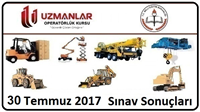 30 Temmuz 2017 İş Makinası Operatörlük Belgesi Operatörlük Sınav Sonuçları